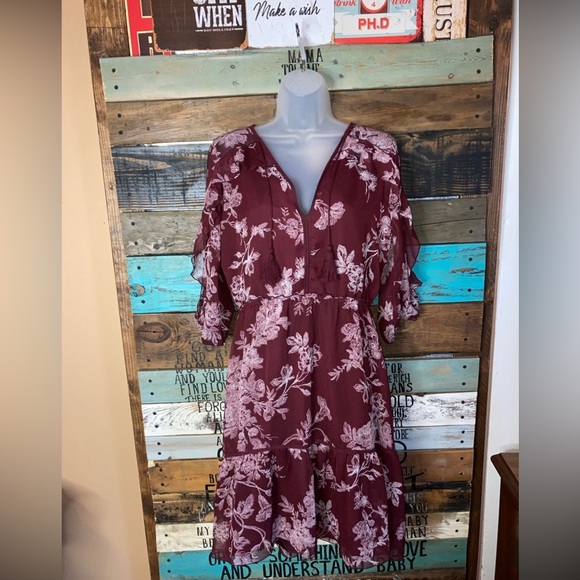 LC Lauren Conrad burgundy floral chiffon Dress M country boho cottagecore - Picture 2 of 12
